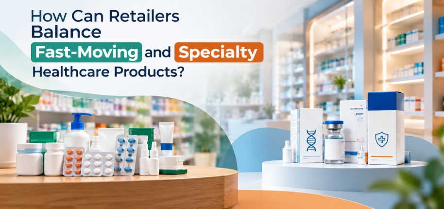 Fast-moving and specialty healthcare products arranged on pharmacy shelves
